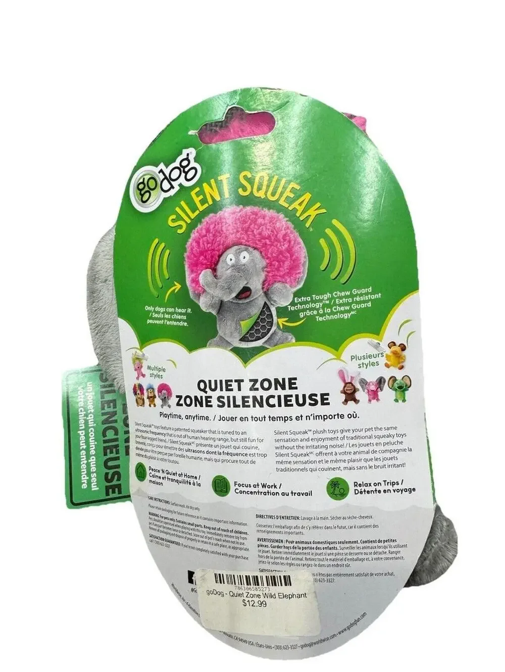 (RGB3) goDog Silent Squeak Elephant Plush Dog Toy Quiet Zone Pink Mane NWT